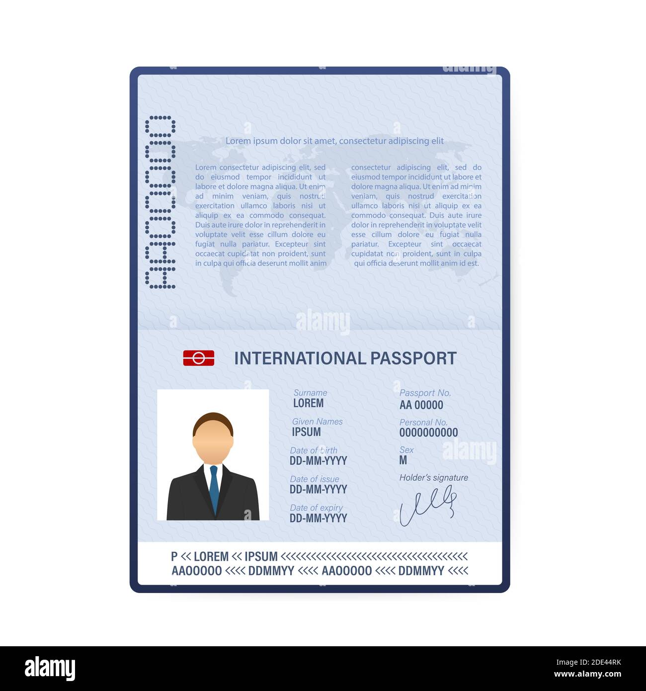 Modello passaporto vuoto aperto. Passaporto internazionale con pagina di dati personali campione. Illustrazione di stock vettoriale. Illustrazione Vettoriale