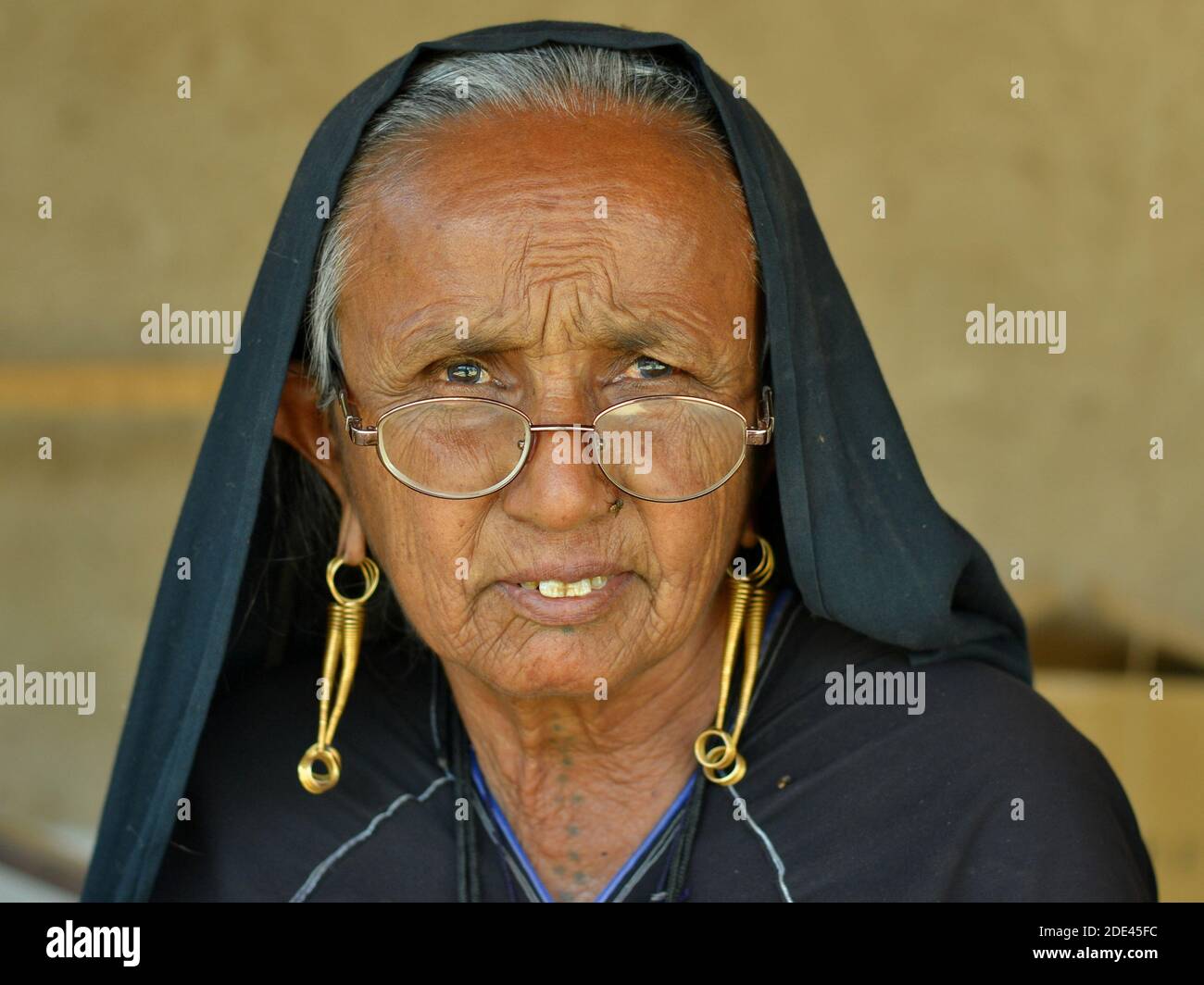 La vecchia donna indiana Gujarati Rabari con occhiali e orecchini tribali di serpente (nagali) nei suoi lobi allungati dell'orecchio pone per la macchina fotografica. Foto Stock