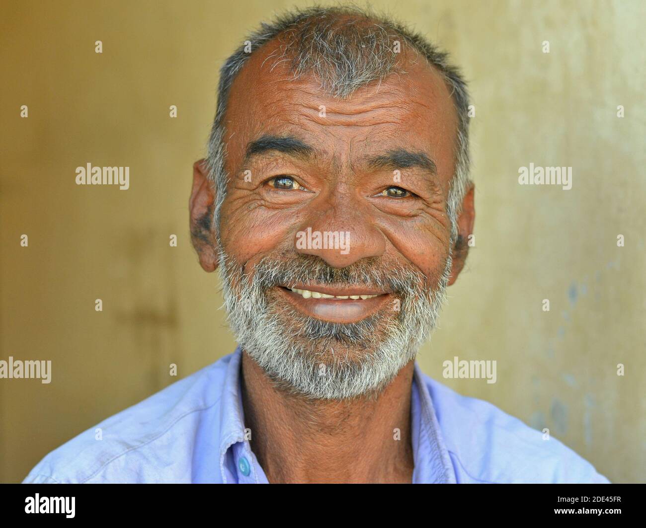 Felice positivo medio-invecchiato indiano Gujarati uomo con capelli corti sorrisi per la macchina fotografica. Foto Stock