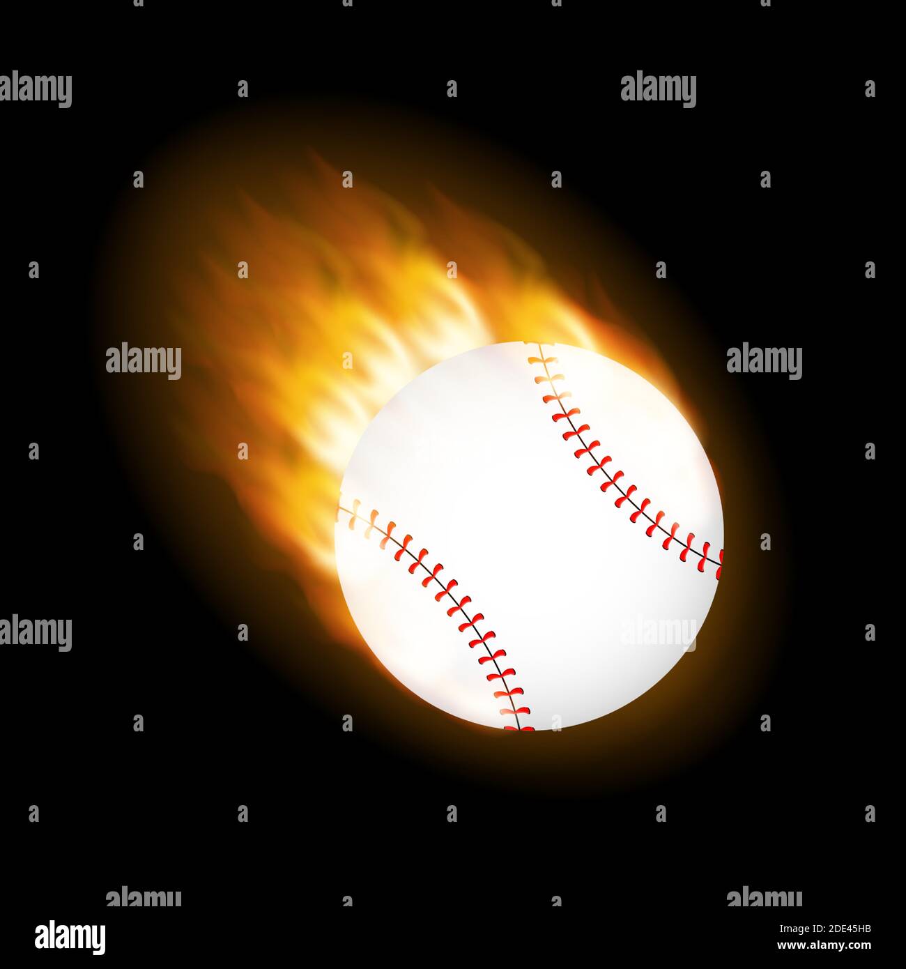 Una palla da baseball fiammeggiante sul fuoco che vola attraverso l'aria. Illustrazione di stock vettoriale. Illustrazione Vettoriale