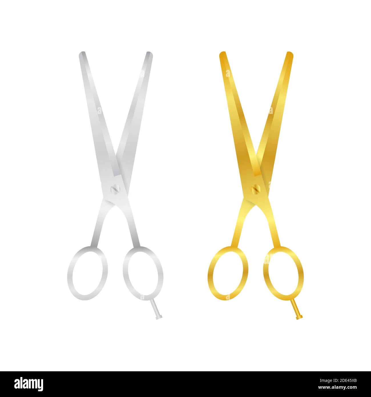 Forbici da stazioneria aperta in metallo d'oro e argento realistico. Illustrazione di stock vettoriali. Illustrazione Vettoriale
