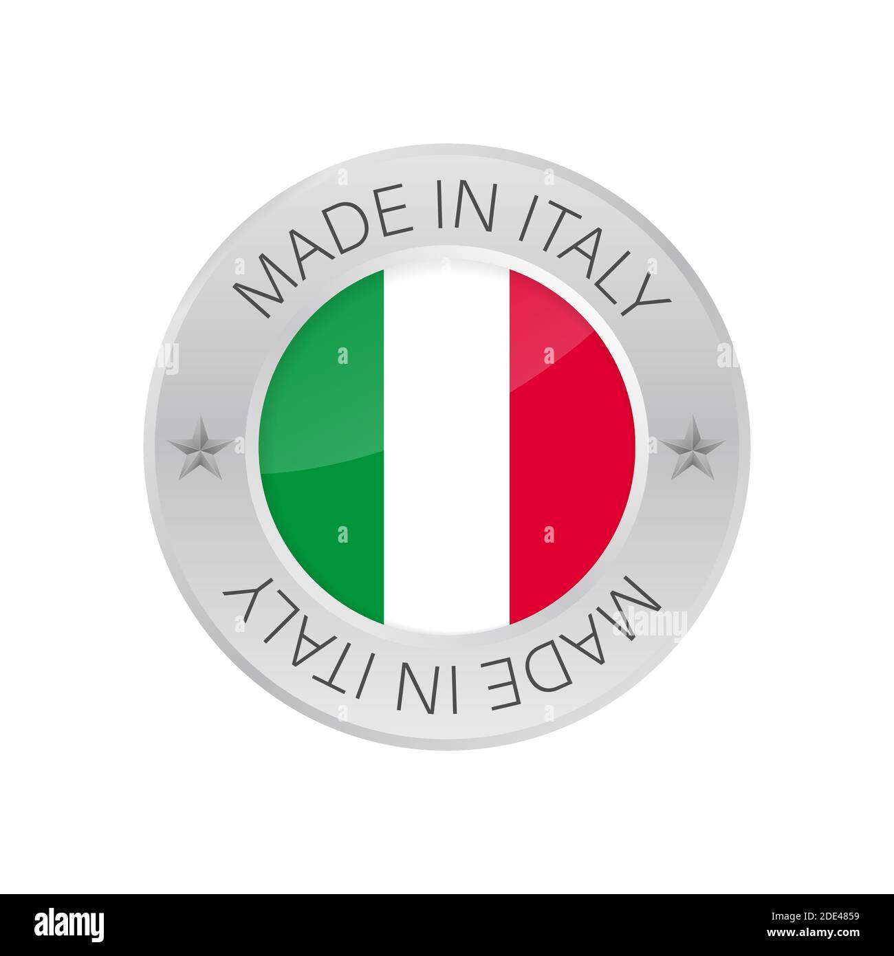 Logo in metallo lucido, made in Italy con bandiera. Illustrazione di stock vettoriale. Illustrazione Vettoriale