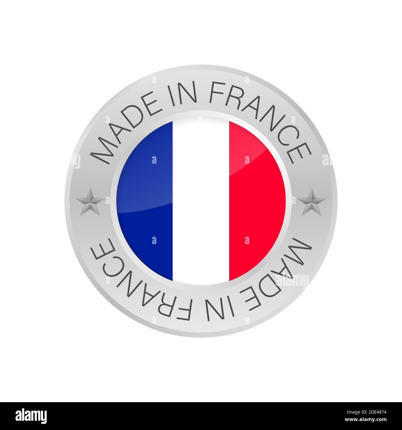 Logo in metallo lucido, realizzato in Francia con bandiera. Illustrazione di stock vettoriale. Illustrazione Vettoriale