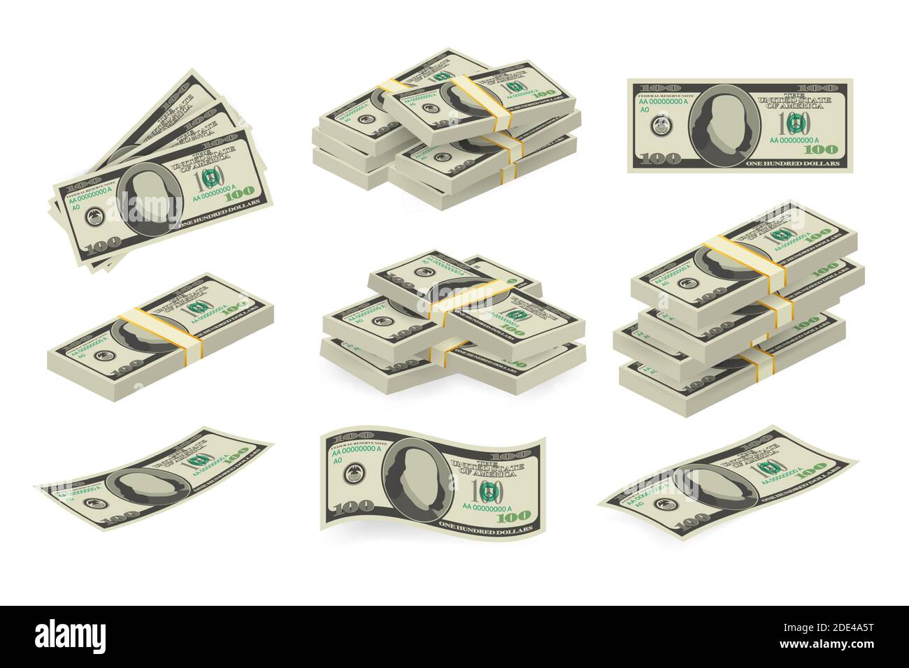 Varie fatture denaro dollaro carta cash banconote vector set. Denaro contante heap. Vettore illustrazione stock. Illustrazione Vettoriale