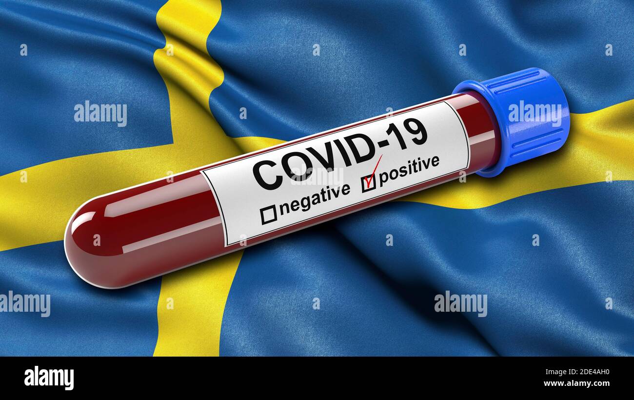 Bandiera della Svezia che oscilla nel vento con una provetta per analisi del sangue COVID-19 positiva. Illustrazione 3D Foto Stock