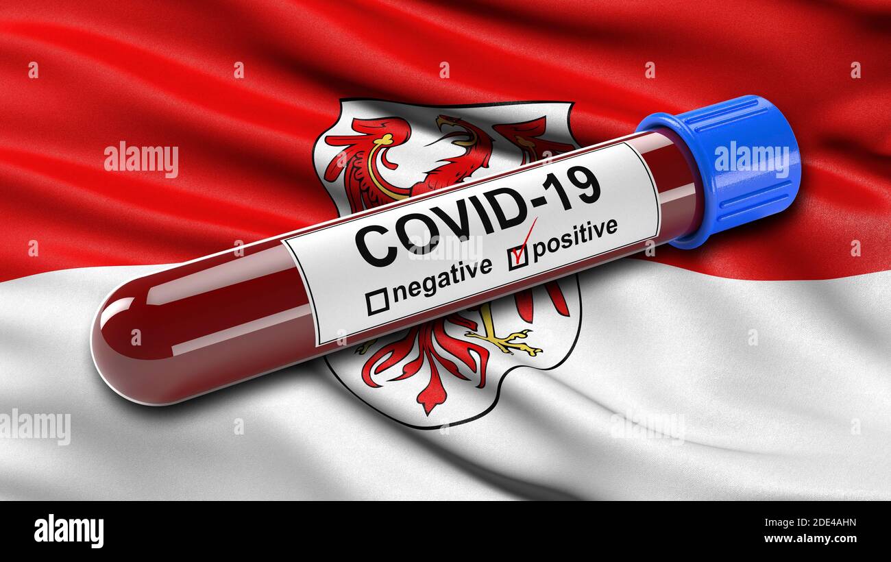 Provetta per campioni di sangue, test ematico COVID-19 positivo con bandiera di Brandeburgo, Germania Foto Stock