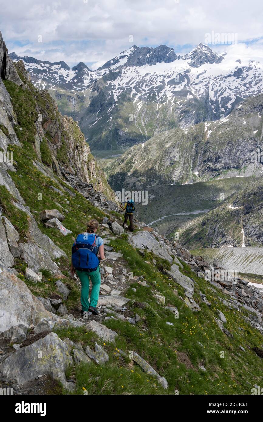 Escursionista sul sentiero, discesa dal Corno di Schoenbichler al Berliner Huette, dietro Schwarzenstein e il ghiacciaio di Schwarzensteinkees, Berliner Foto Stock