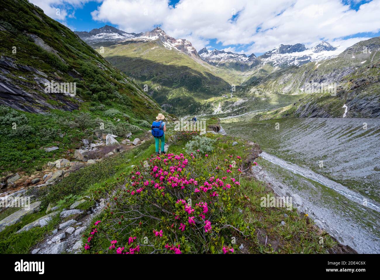 Escursionista sulla discesa dal Corno di Schoenbichler al Berliner Huette, paesaggio morenico, a sinistra la vetta dell'Ochsner , a destra Foto Stock