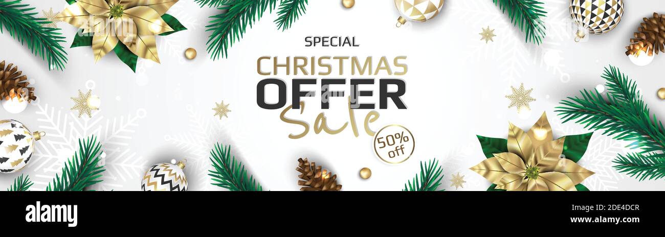 Buon Natale e Felice Anno Nuovo. Sfondo xmas con poinsettia, fiore di natale, fiocchi di neve, stella e palline di design. Illustrazione Vettoriale