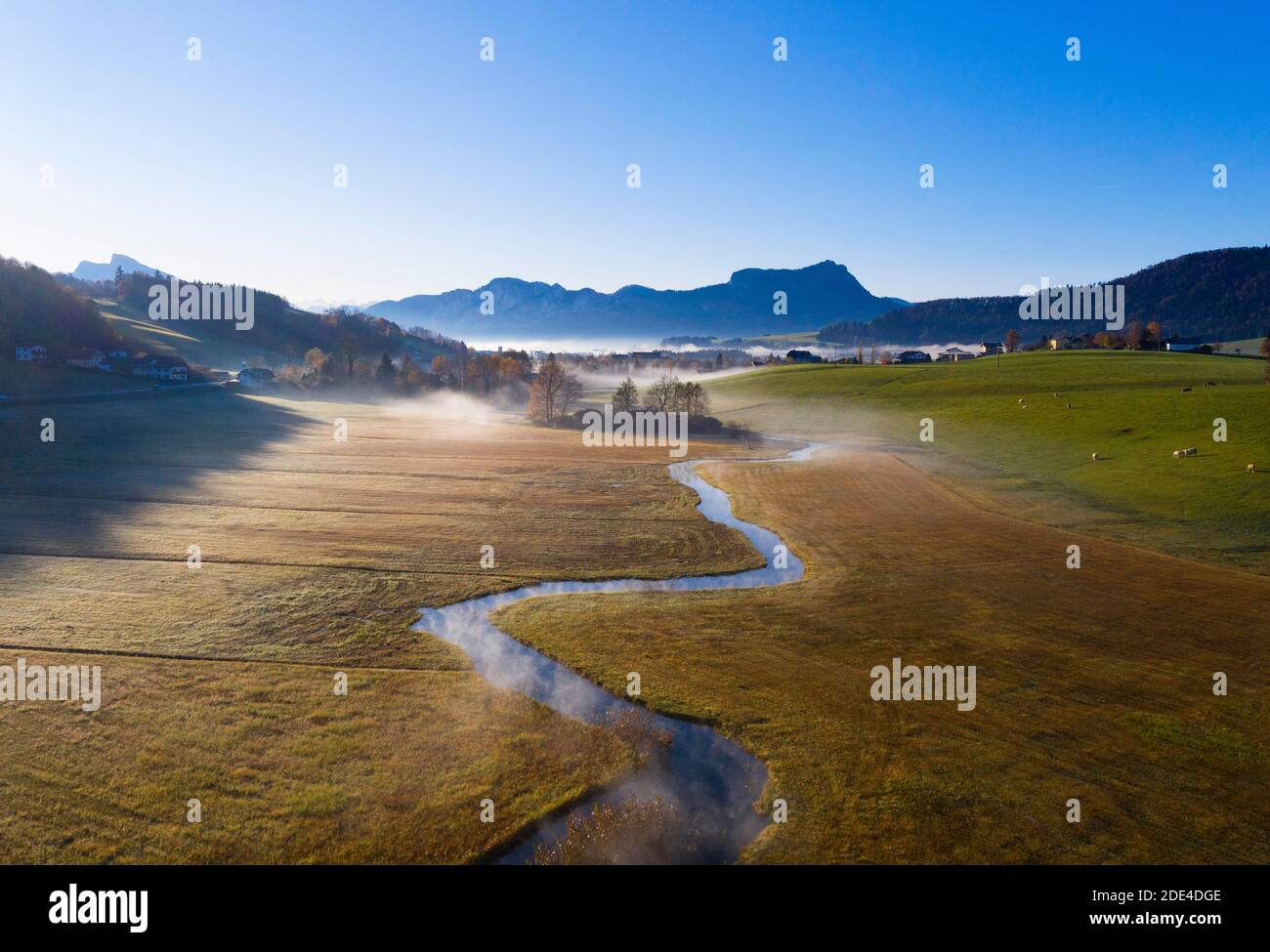 Deflusso della Zellerache dal lago Irrsee con vista sulla Mondseeland, nebbia a terra, dall'alto, prato bagnato, colpo di drone, vista aerea Foto Stock