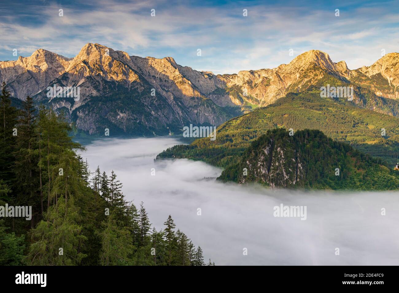 Almsee im Nebel, Totes Gebirge, Almtal, Salzkammergut, Austria superiore Foto Stock