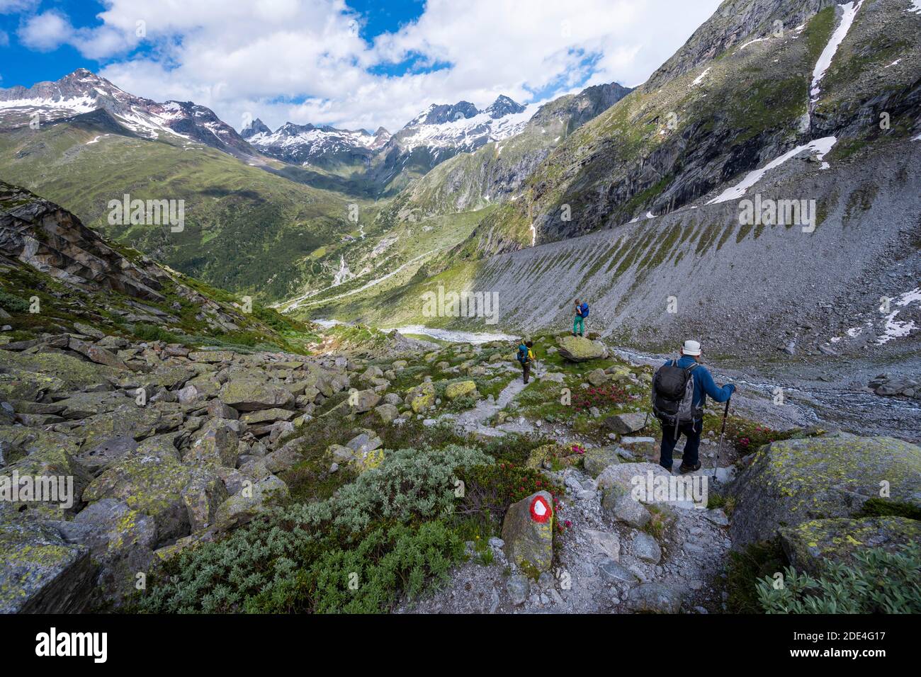 Escursionista su sentieri segnalati, discesa dal Corno di Schoenbichler a Berliner Huette, paesaggio morenico, ghiacciaio Waxeggkees, Berliner Hoehenweg Foto Stock