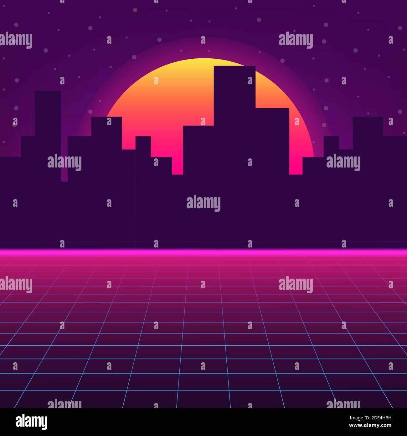 Paesaggio futuristico con stile griglia Laser. Il Neon Retrowave. Vettore illustrazione stock. Illustrazione Vettoriale