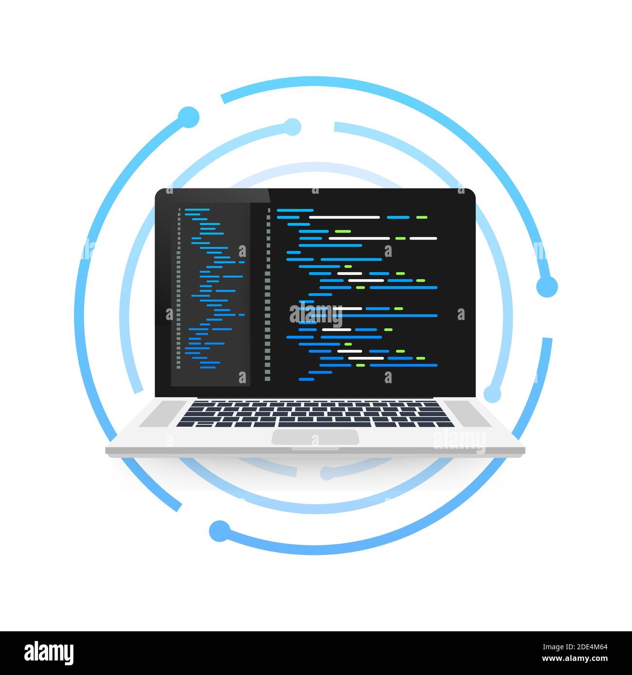 Concetto di codifica vettoriale per laptop. Sviluppatore Web, progettazione, programmazione. Codice dello schermo del computer portatile. Illustrazione vettoriale. Illustrazione Vettoriale