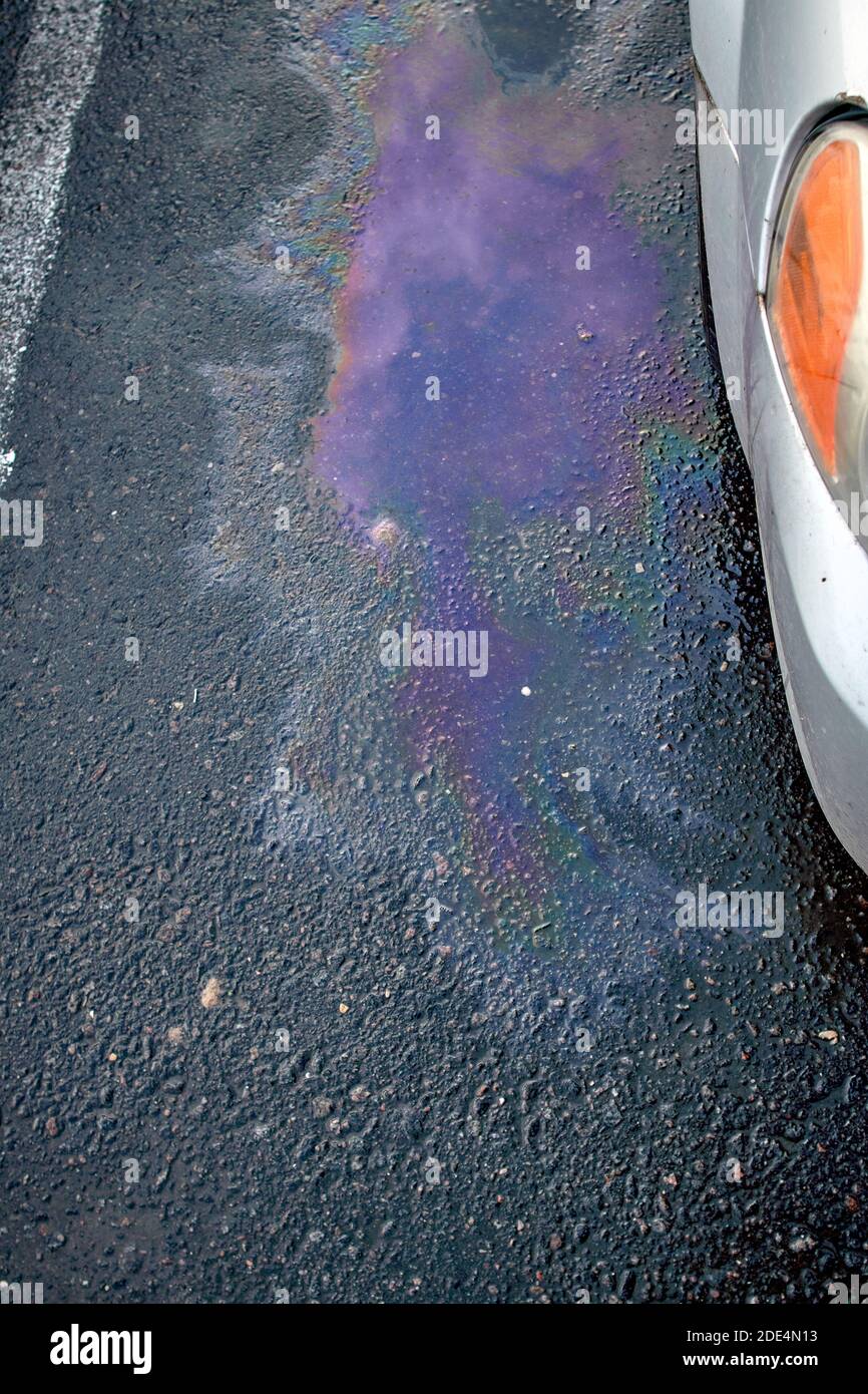 Macchia di gas colorata su asfalto umido. Macchie di olio causate da una perdita sotto un'auto Foto Stock