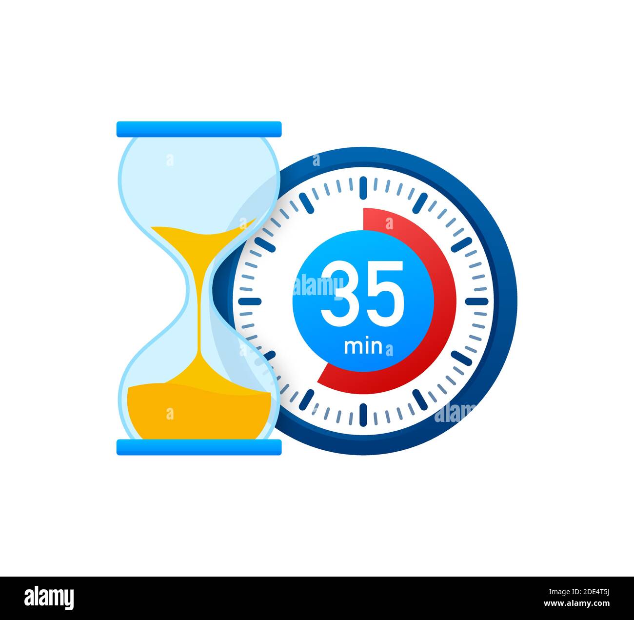 Icona del vettore cronometro per 35 minuti. Icona del cronometro in stile piatto, timer su sfondo a colori. Illustrazione vettoriale. Illustrazione Vettoriale