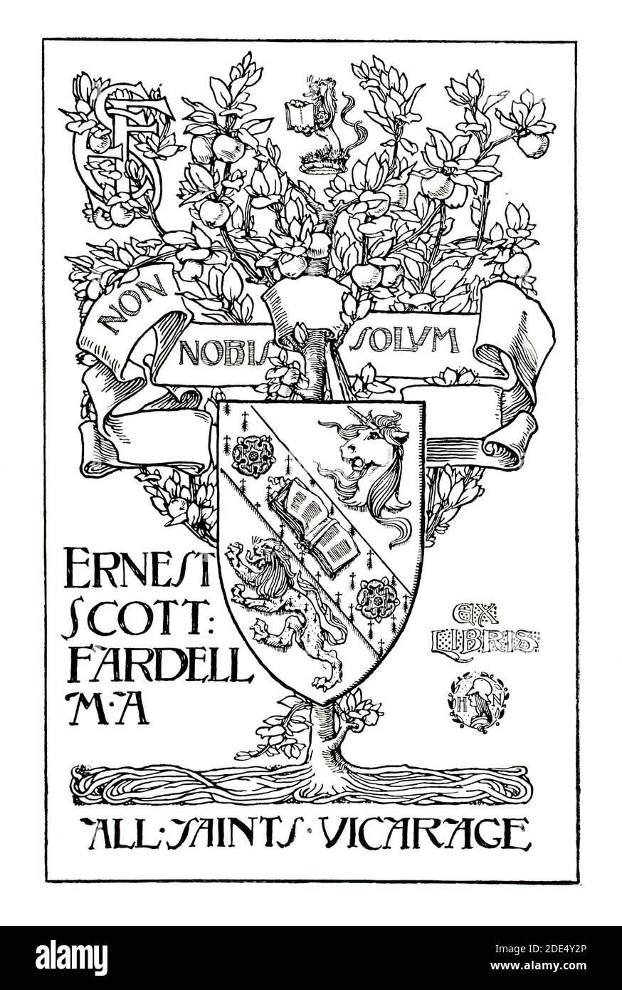 Bookplate design per Ernest Scott Fardell ma di All Saints Vicarage, line illustration di Harold Nelson dal 1896 The Studio An Illustrated Magazine o Foto Stock