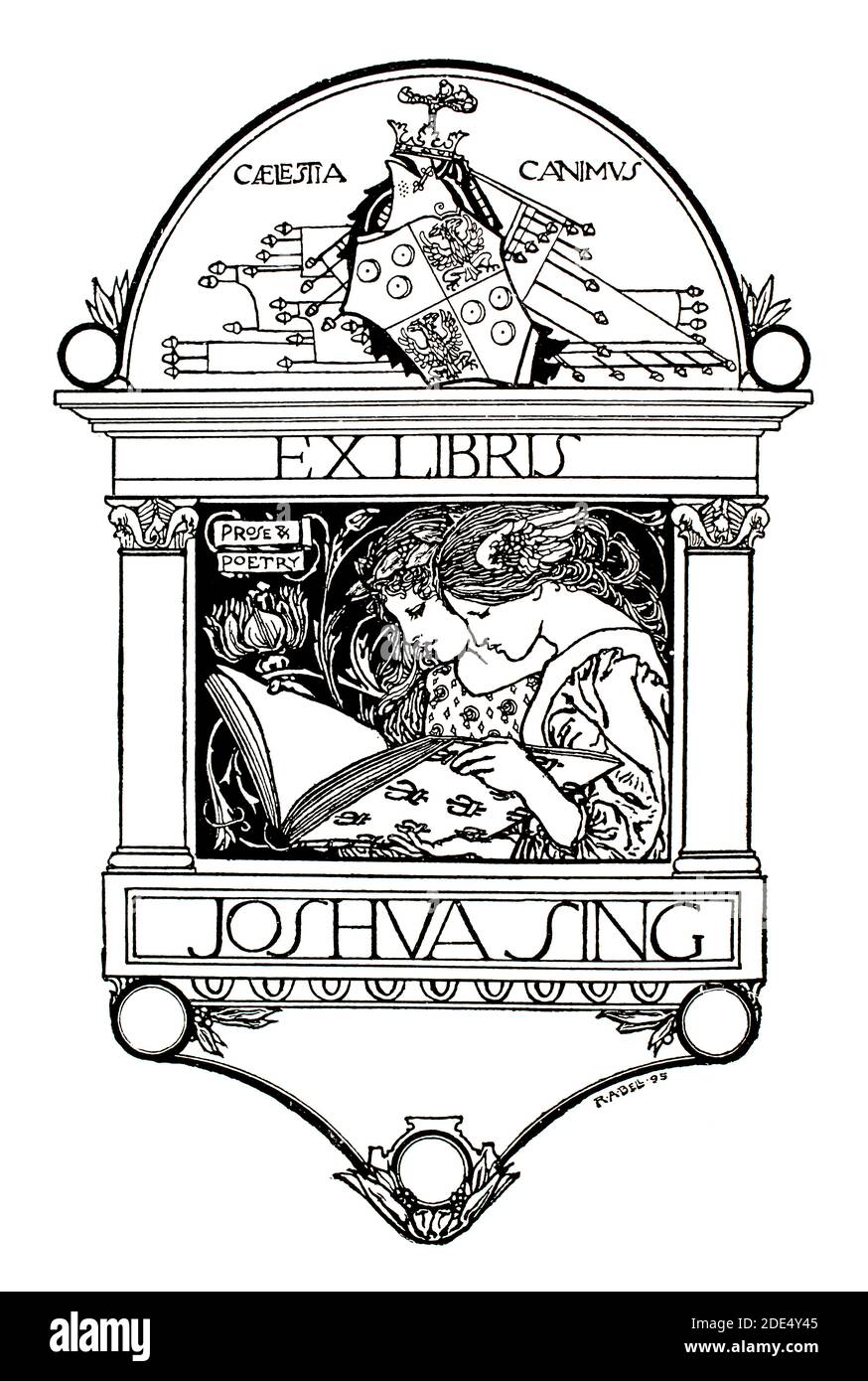 Prosa e Poesia bookplate design per Joshua Sing, line illustration di Robert Anning Bell dal 1896 The Studio An Illustrated Magazine of fine and AP Foto Stock