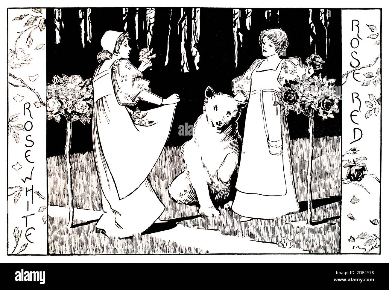 Rose White, Rose Red, donne in giardino con orso, fiaba illustrazione di Zillah Taylor, di Nottingham dal 1896 The Studio An Illustrated Magazine o Foto Stock