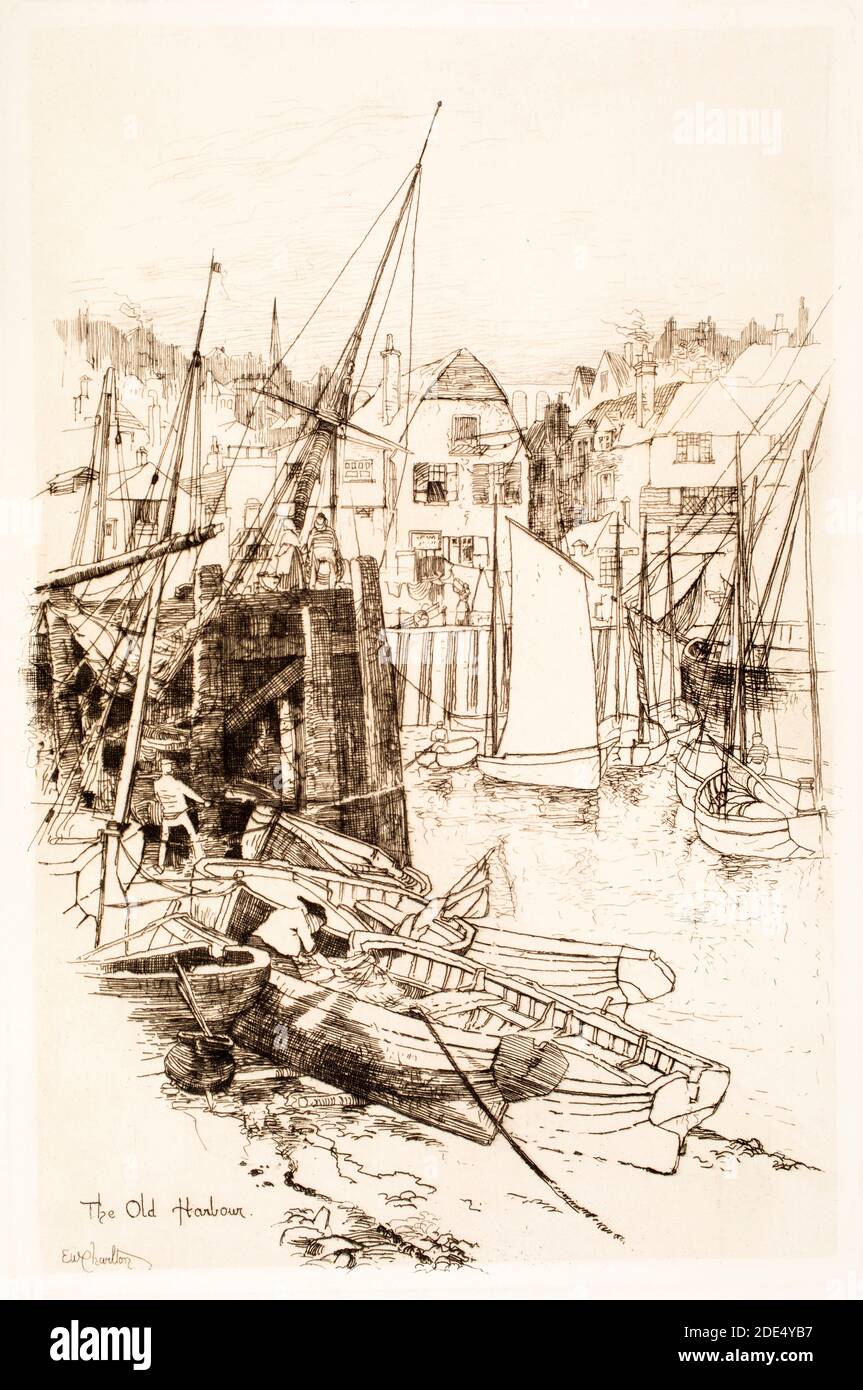 The Old Harbour, Etching di Edward William Charlton dal 1896 The Studio An Illustrated Magazine of fine and Applied Art Foto Stock