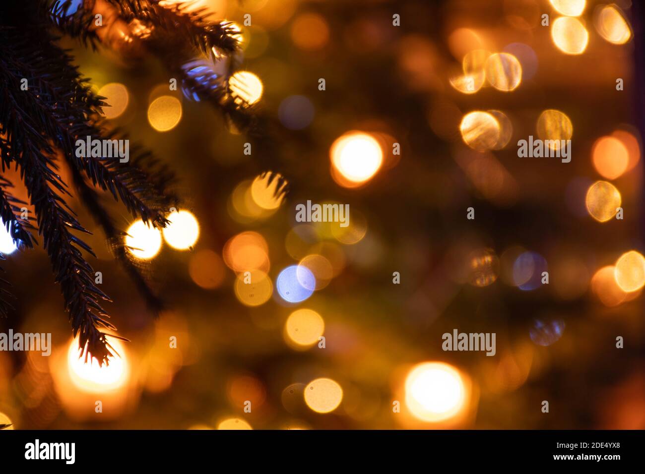 Astratto sfondo giallo bokeh luci e rami di un albero in inverno, sfondo di Natale, accogliente e sentimenti caldi Foto Stock