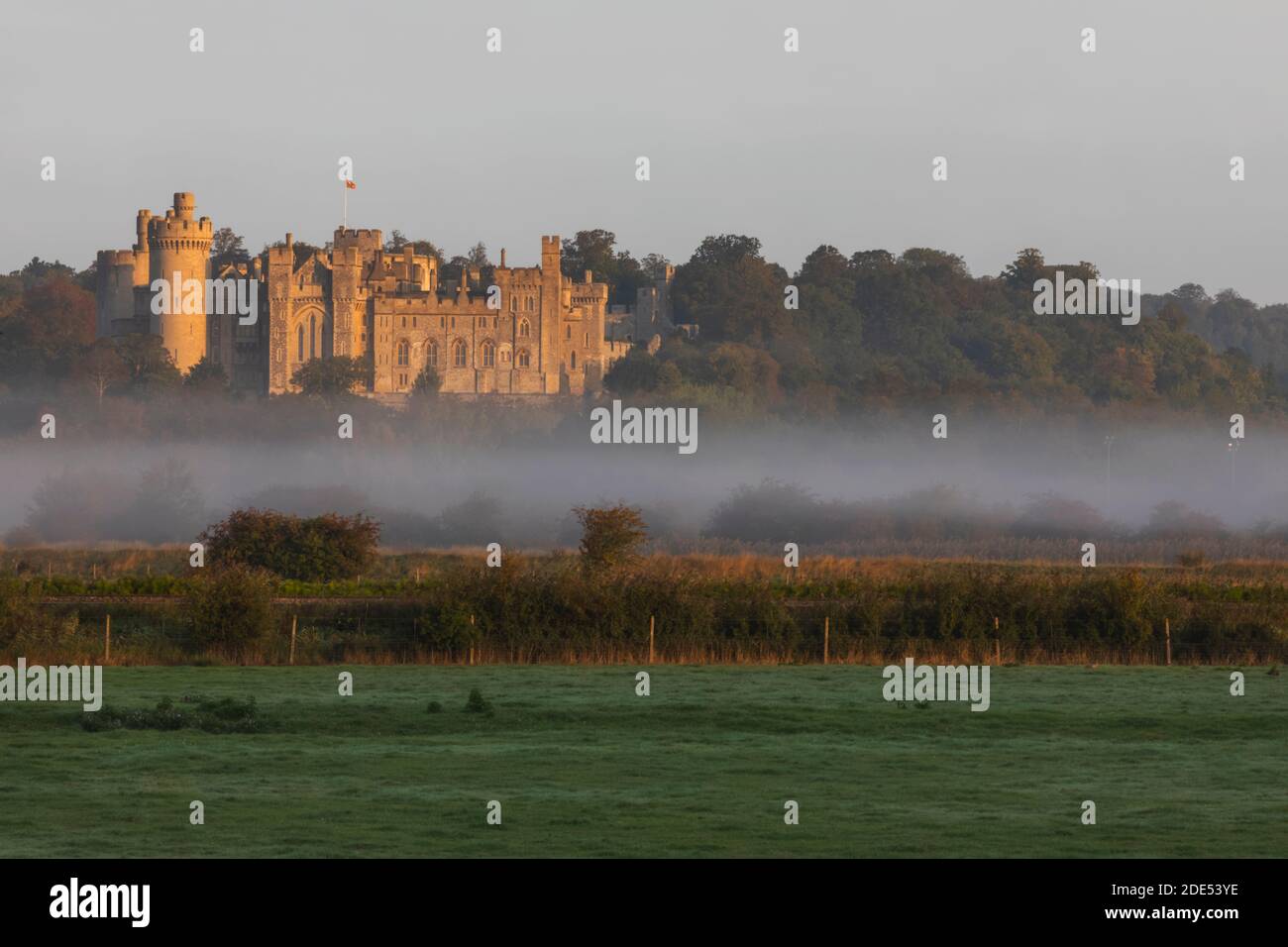 Inghilterra, Sussex occidentale, Arundel, Castello di Arundel nel Morning Mist Foto Stock