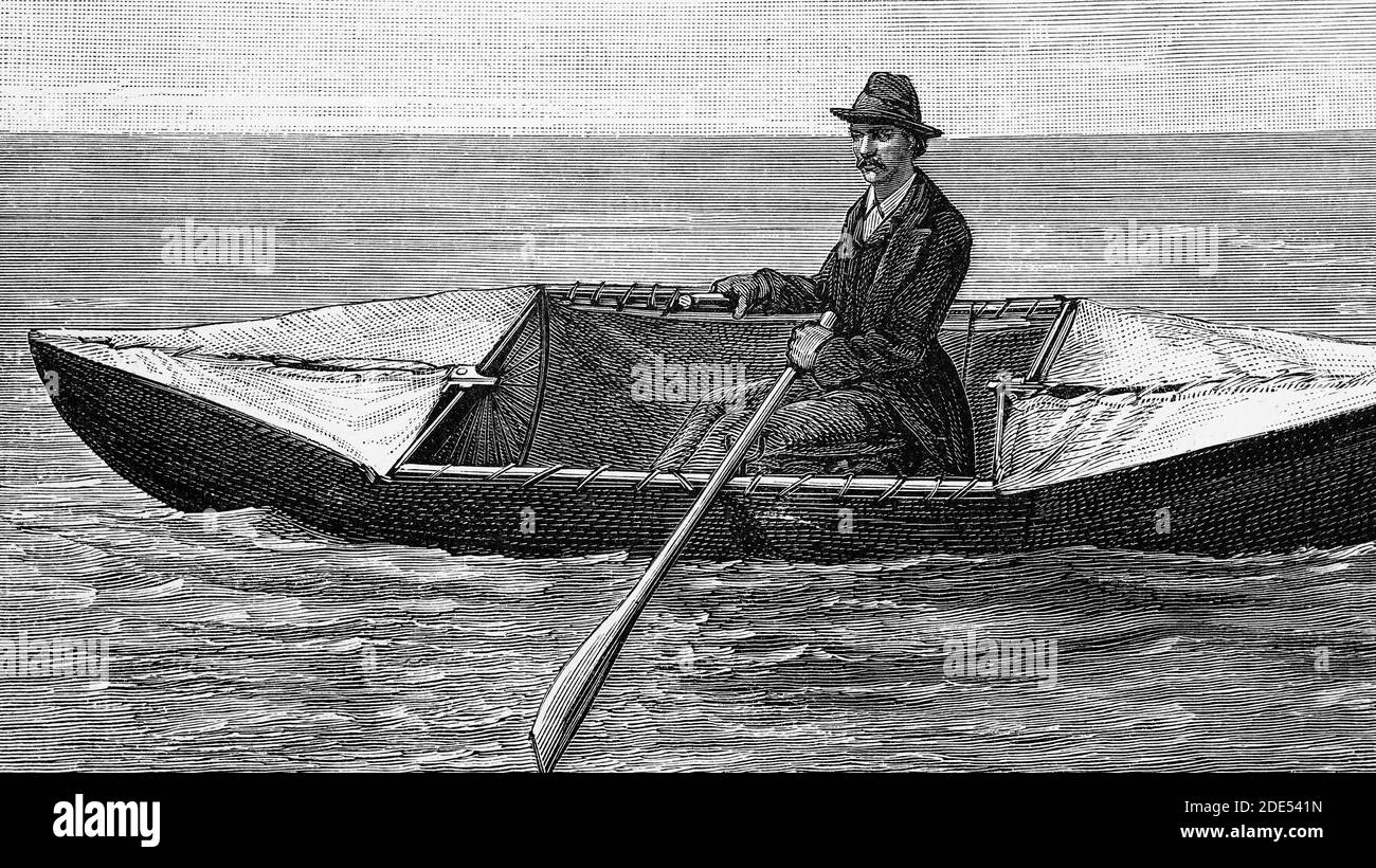 TERRY's acqua e triciclo di terra trasformato in una barca durante l'attraversamento Pas de Calais. 1883. Illustrazione antica. 1884. Foto Stock