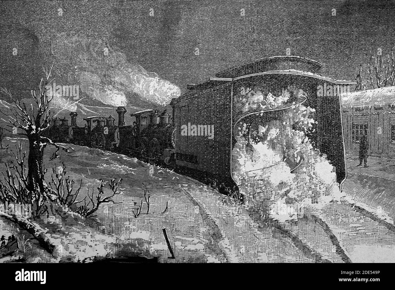 Apparato americano per la sgombratura della neve dalle ferrovie. Illustrazione antica. 1884. Foto Stock
