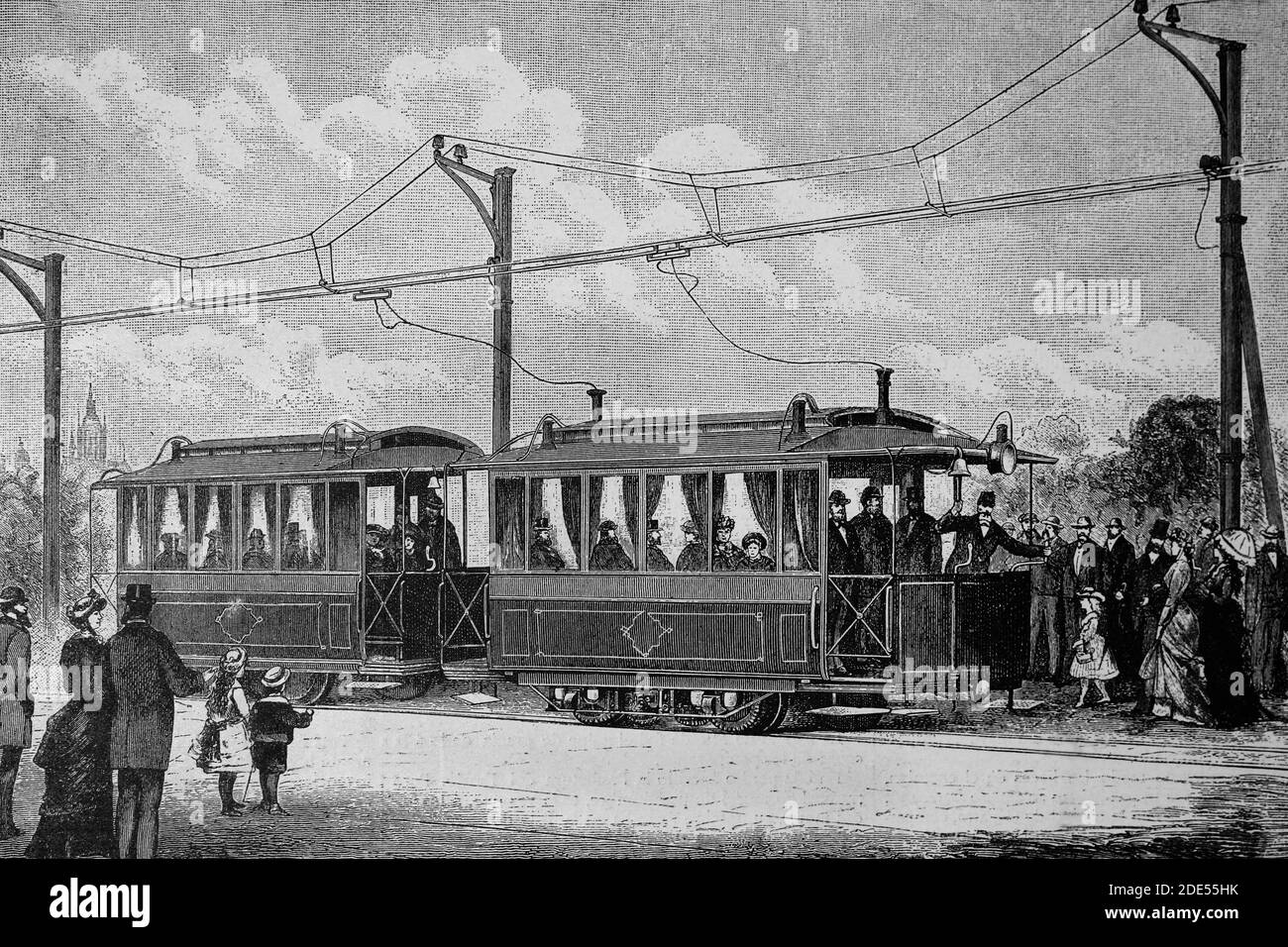 Ferrovia elettrica da Francoforte a Offenbach, Germania. Illustrazione antica. 1884. Foto Stock