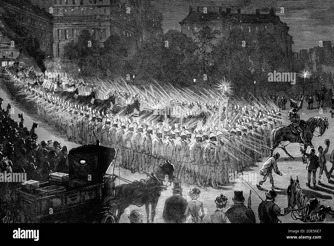 New York. Parata di luce elettrica il 31 ottobre 1884, esperimento di Edison. Antico illustre. 1884. Foto Stock