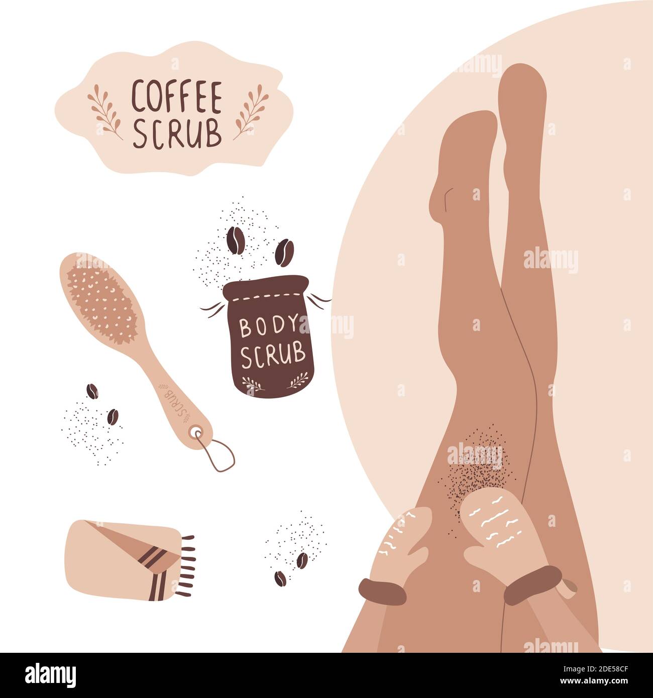 Concetto di scrub del caffè. Donna esfoliante gambe con guanti da massaggio  Immagine e Vettoriale - Alamy