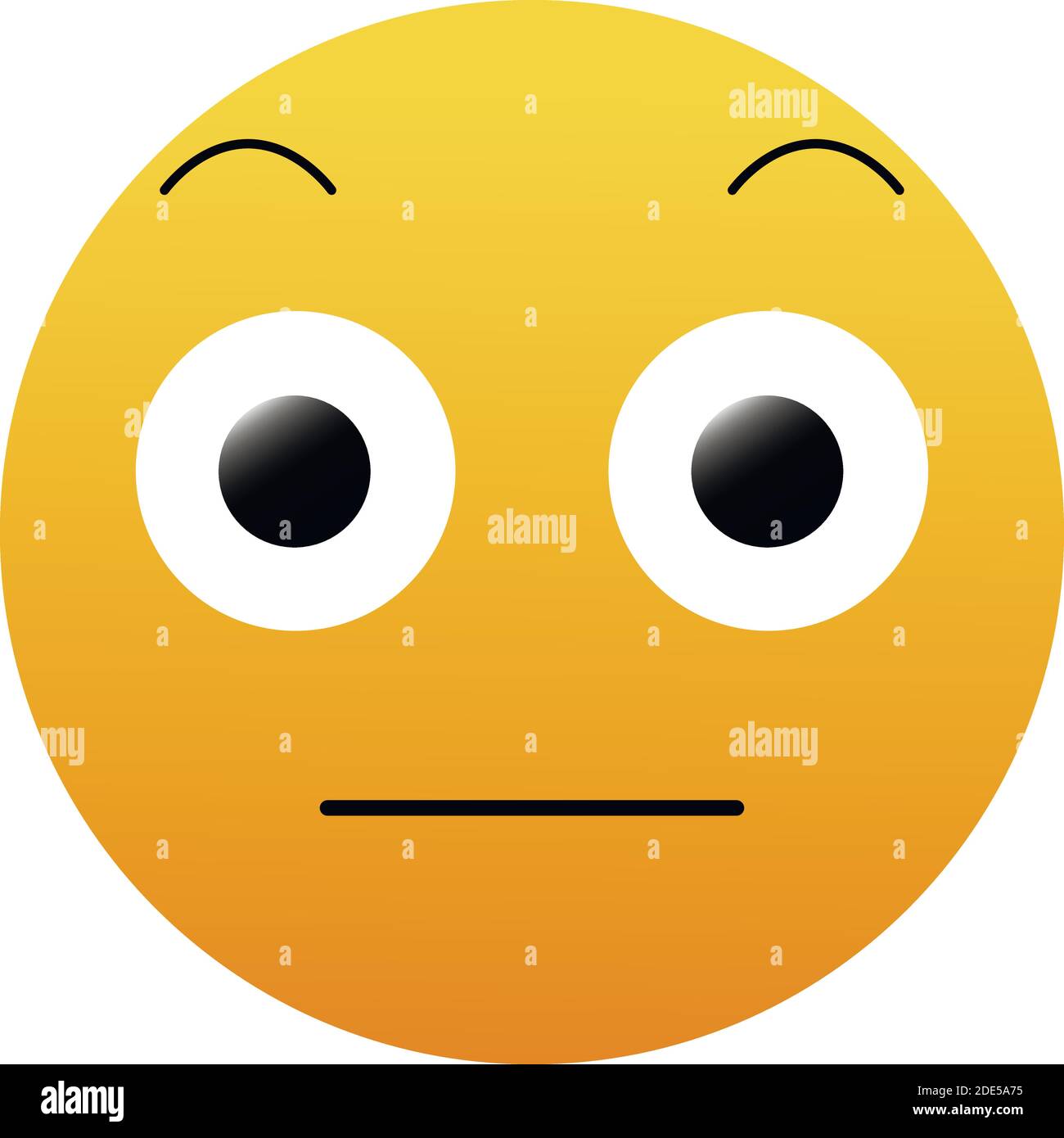 Emoticon di alta qualità isolato su sfondo bianco. Emoji viso arrossato con occhi scioccati. Viso giallo con sopracciglia rialzata, bocca chiusa piccola, larghe w Illustrazione Vettoriale