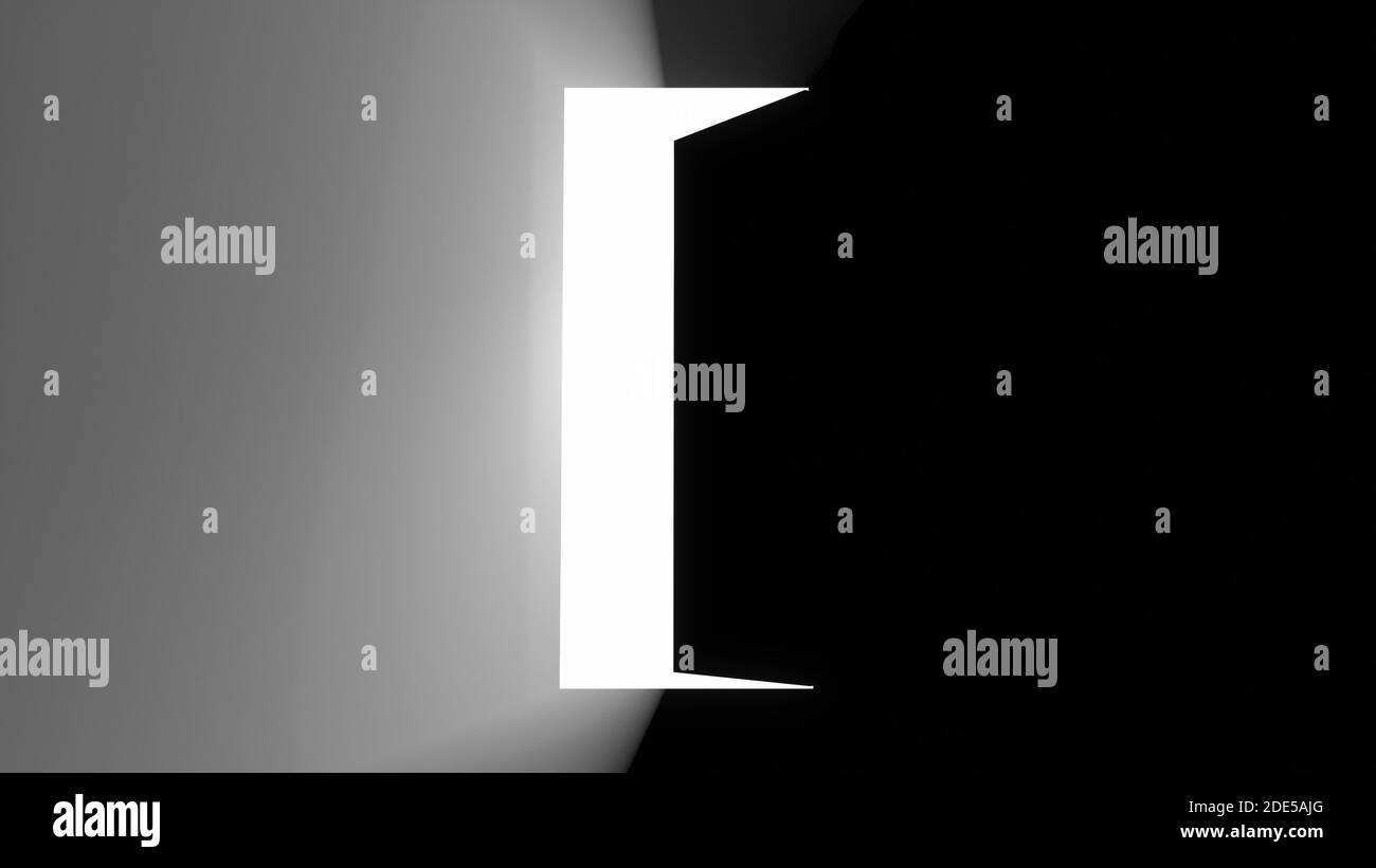 Luci delle porte aperte su luce nera effetto luce effetto luce di benvenuto porta rendering 3d concettuale Foto Stock