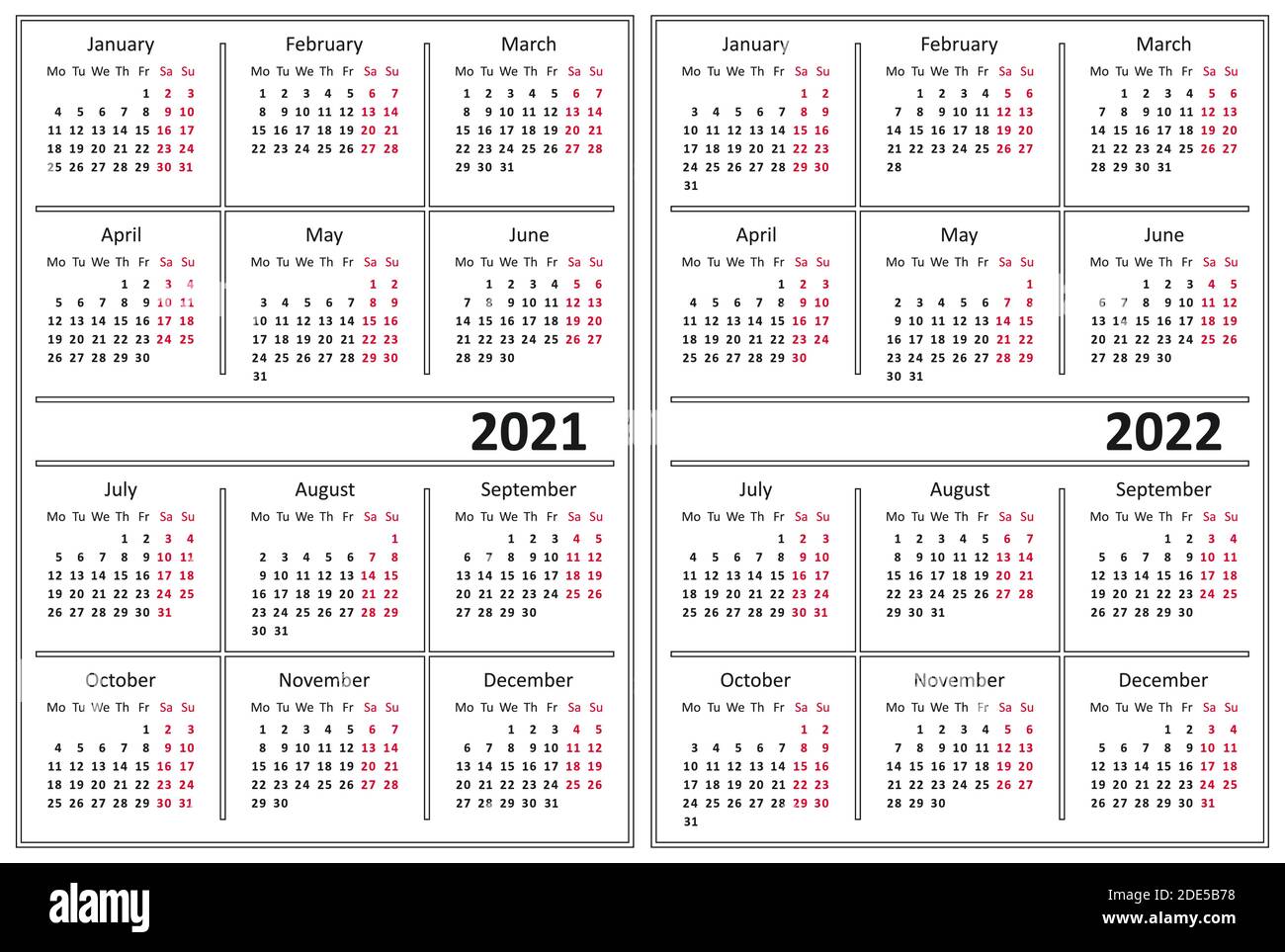 Modello di calendario 2021, 2022. La settimana inizia il lunedì Illustrazione Vettoriale