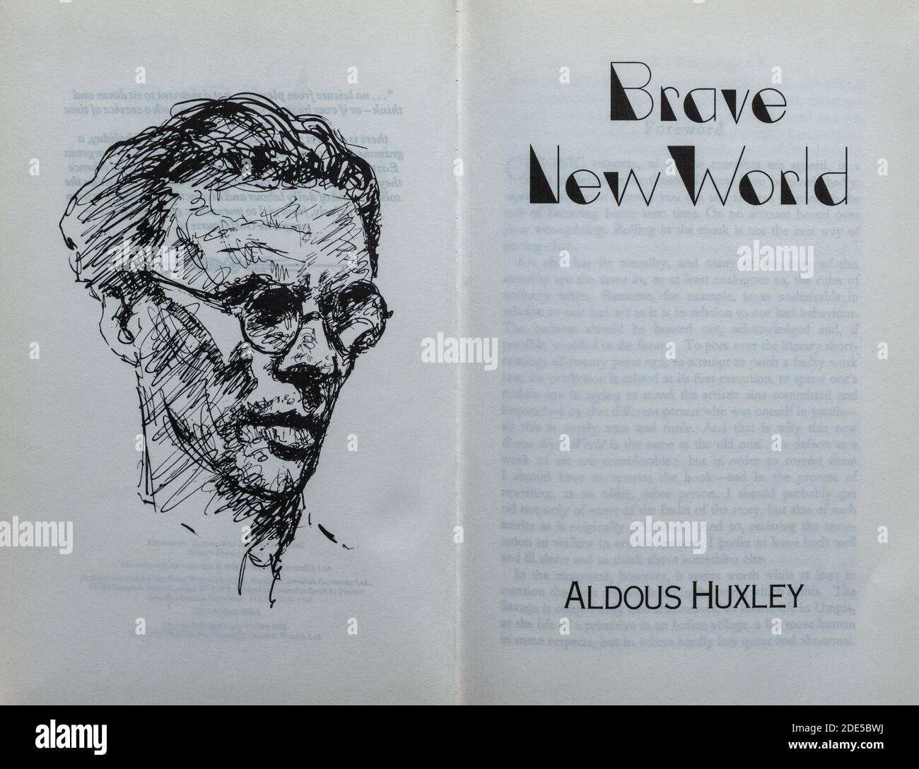 Brave New World libro - romanzo di Aldous Huxley. Pagina del titolo e disegno dell'autore. Foto Stock