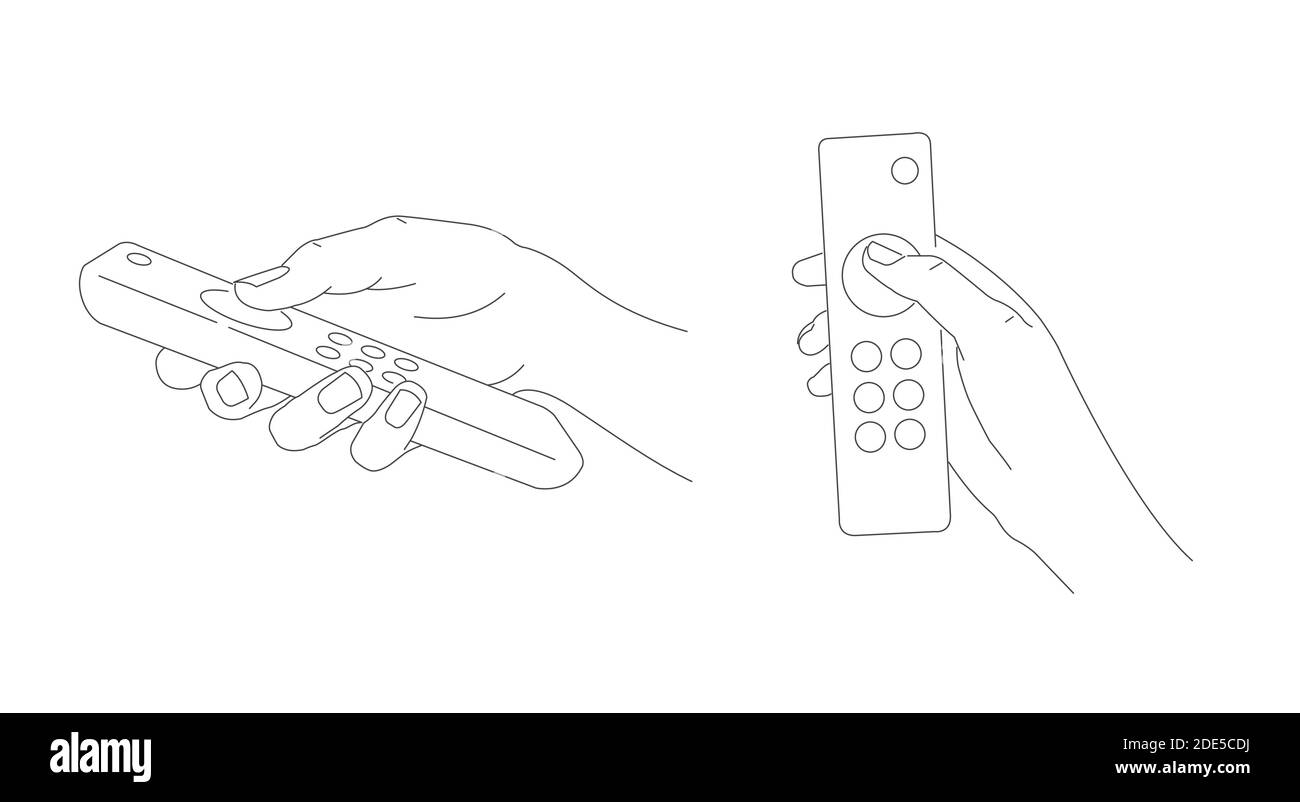 Illustrazione a linee del telecomando che tiene la mano umana e che preme il pulsante, tracciare un grafico, diverse posizioni, movimento della mano Illustrazione Vettoriale