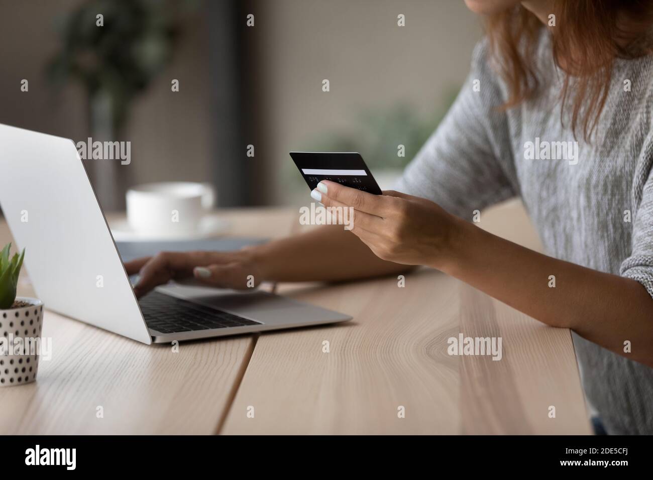 Giovane donna che inserisce le informazioni di pagamento dalla carta di credito. Foto Stock