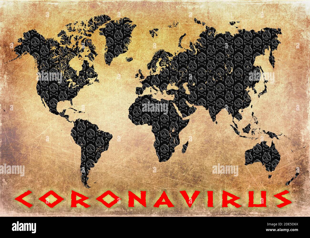 Corona virus, covid-19; mappa del mondo con immagini di teschi decorativi Foto Stock
