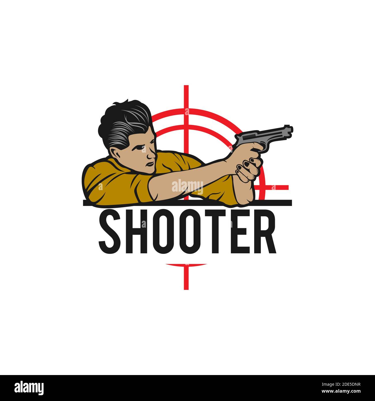 Il soldato delle forze speciali tiene una pistola . Logo club di tiro, illustrazione militare. Illustrazione Vettoriale