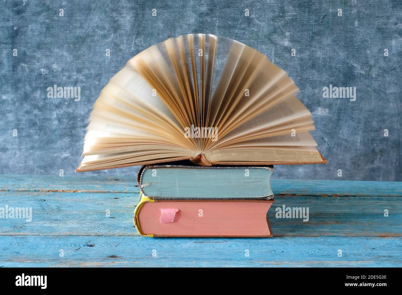Libro aperto con pagine sfocate.Reading,letteratura,educazione,biblioteca,concetto di home Office, spazio di copia Foto Stock