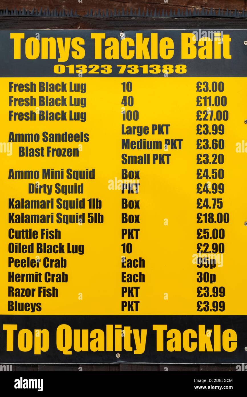 Listino prezzi Inghilterra, Sussex Est, Eastbourne, Sea Fishing Bait Foto Stock