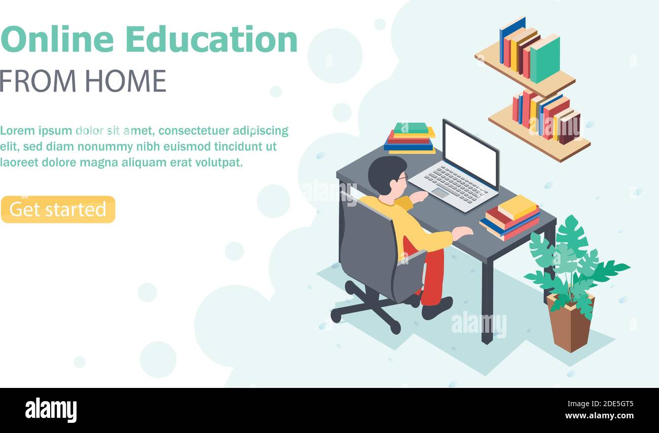 Vettoriale banner stile piatto formazione online da casa. Studente seduto alla scrivania con un computer portatile e un mucchio di libri su di esso e sugli scaffali. Illustrazione Vettoriale