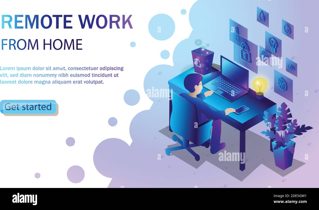 Immagine vettoriale in stile piatto alla moda con uomo che lavora alla scrivania con un computer portatile. Concetto di lavoro indipendente e remoto da casa. Illustrazione Vettoriale