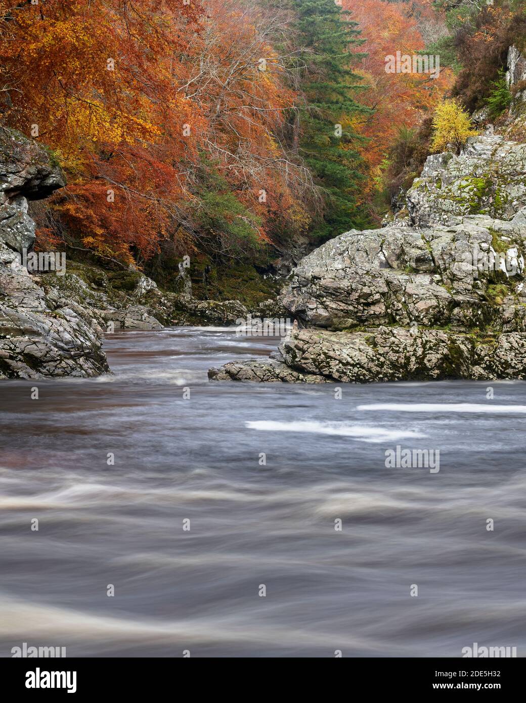 Il fiume Findhorn, a Randolph's Leap, vicino a Logie, Moray, Scozia. In autunno Foto Stock