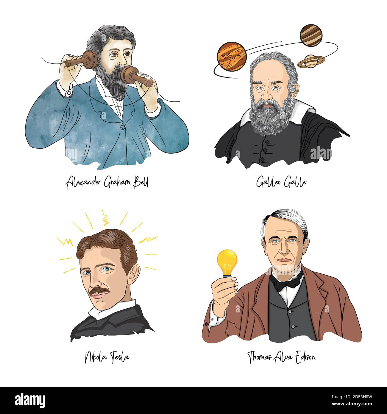 Ritratti di scienziati famosi. Graham Bell, Galileo Galilei, Nikola Tesla, Thomas Alva Edison Illustrazione Vettoriale