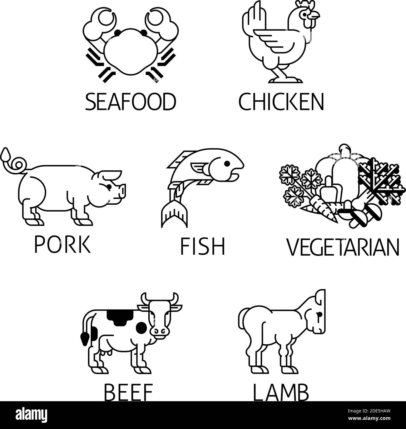 Etichette per alimenti Opzioni del menu icone dei pasti Illustrazione Vettoriale