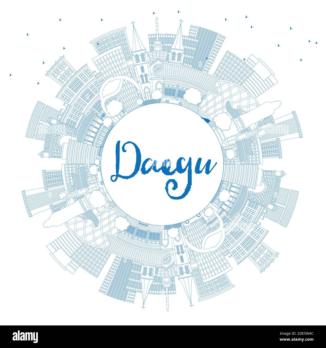 Profilo Daegu South Korea City Skyline con edifici blu e Copy Space. Illustrazione vettoriale. Concetto di viaggio d'affari e turismo. Illustrazione Vettoriale
