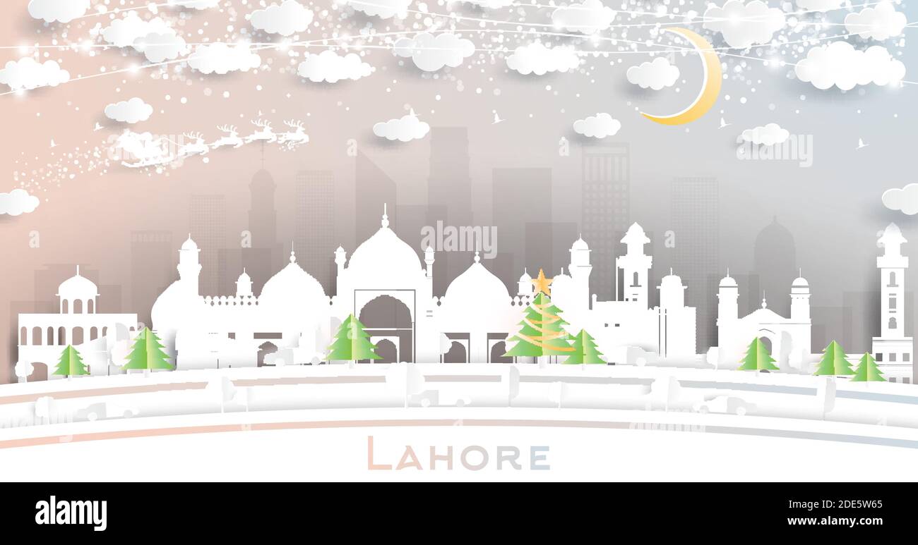 Lahore Pakistan City Skyline in stile Paper Cut con fiocchi di neve, Luna e Neon Garland. Illustrazione vettoriale. Natale e Capodanno. Santa. Illustrazione Vettoriale