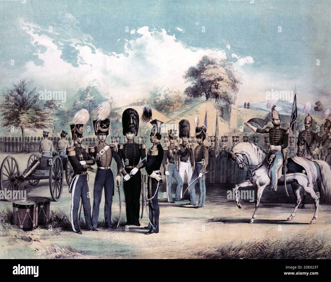 La stampa che mostra quattro uomini stavano in piedi e uno a cavallo nella parte anteriore delle truppe in piedi in formazione; gli uomini sono identificati come, da sinistra, n. 1. Volontari Irlandesi, Col. Ferris, 9° Reggimento, No. 2. Napper Tandy luce artiglieria, Capitano Fay, settantesimo reggimento, No. 3. Guardia di Montgomery, Capitano Murphy, undicesimo reggimento, No. 4. Brigata Lancieri, Capitano Clancy, undicesimo reggimento, e n. 5. Irish dragoni, Capitano Kerrigan, 9° reggimento. Foto Stock