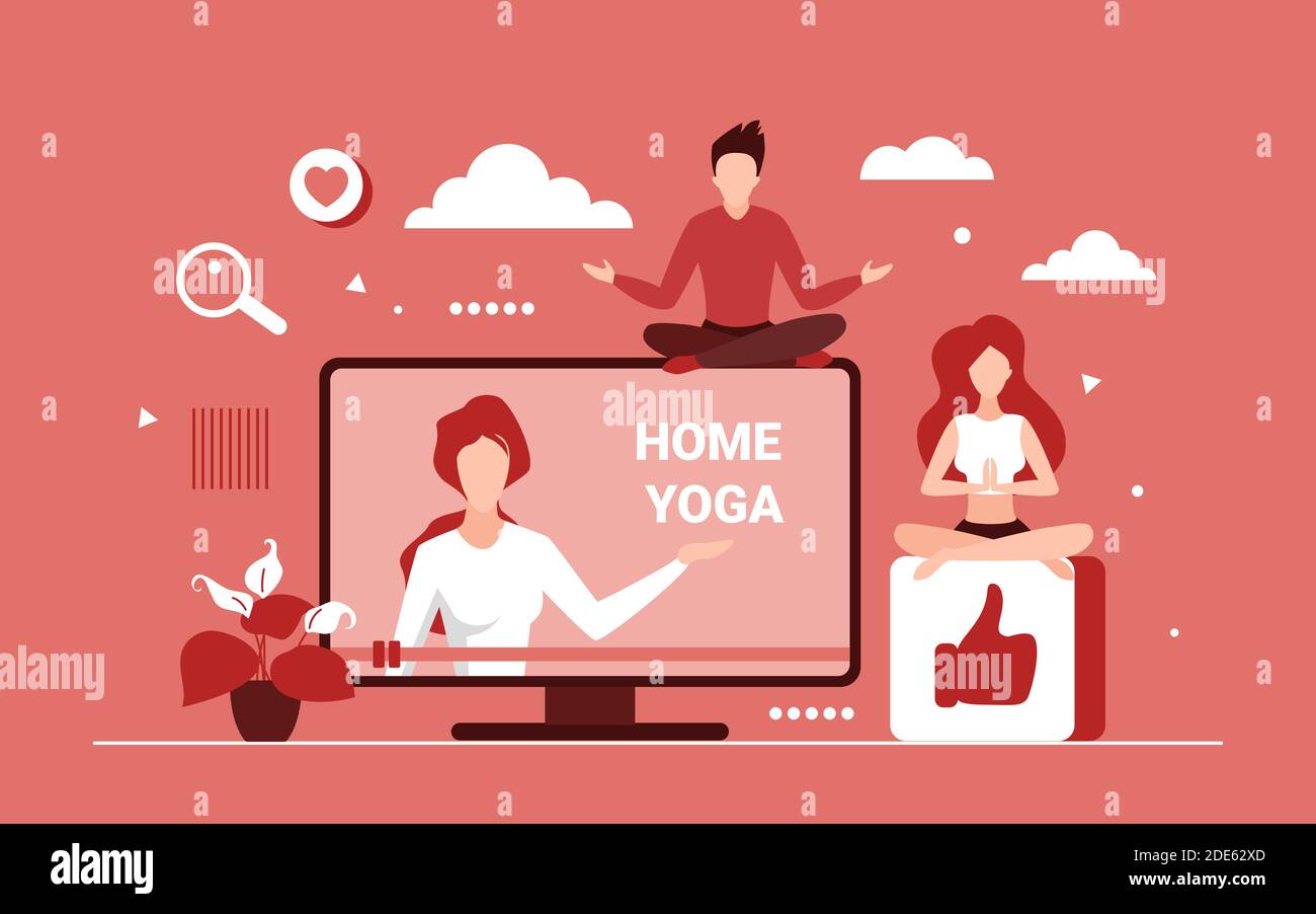 Home yoga online corso illustrazione vettoriale. Cartoon yoga virtuale formazione sportiva su schermo del computer con allenatore donna, lezioni di esercizi per la casa senza attrezzature bodyweight workout concetto sfondo Illustrazione Vettoriale